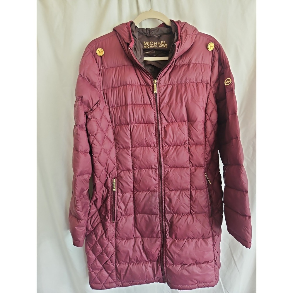 Michael Kors Packable Down Fill Hooded Puffer Coat Women's L Burgundy Quilted